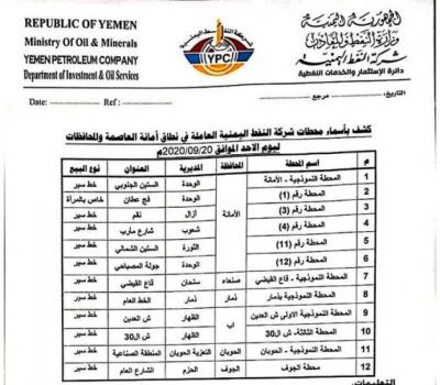المؤتمر نت - اعلنت شركة النفط اليمنية أسماء وعناوين محطاتها العاملة في تعبئة المشتقات النفطية ليوم الأحد 20 سبتمبر/ أيلول الجاري، في نطاق امانة العاصمة والمحافظات.